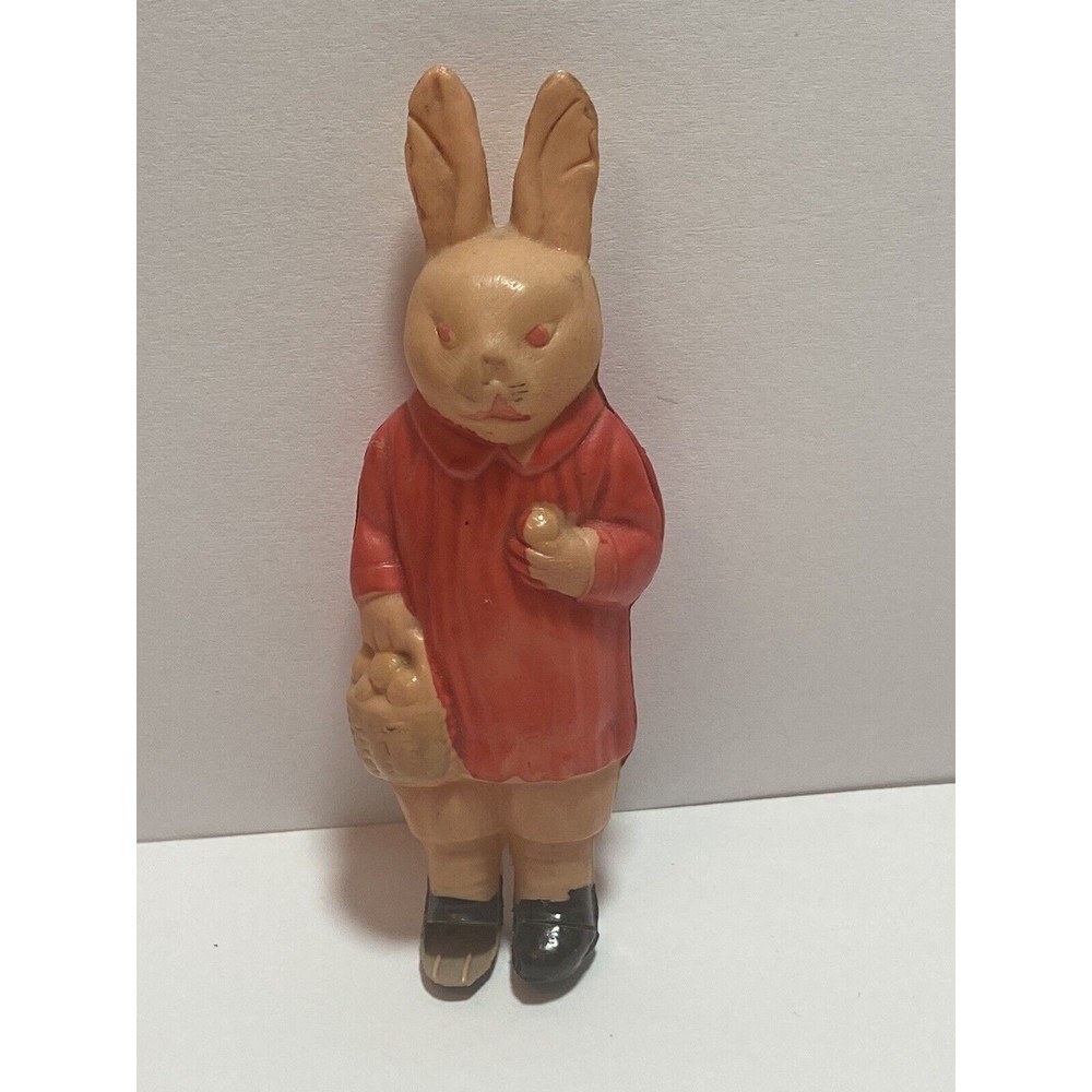 Rare Vintage 20s Victorian Celluloid Easter Bunny Eggs Basket Pink Eyes Rabbit